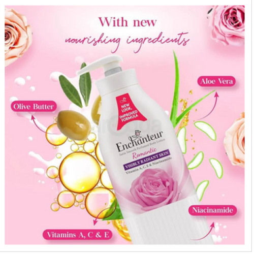 Enchanteur Romantic,Charming, Rose Satin Smooth Perfumed Lotion with Vitamin A, C, E and Niacinamide 400ML Made In Malaysia
