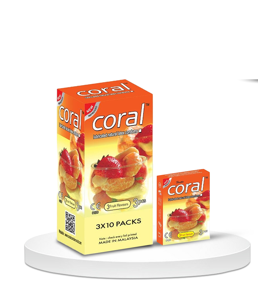 Coral 3 Fruits Flavors Lubricated Natural Latex Condom For Men Full Box