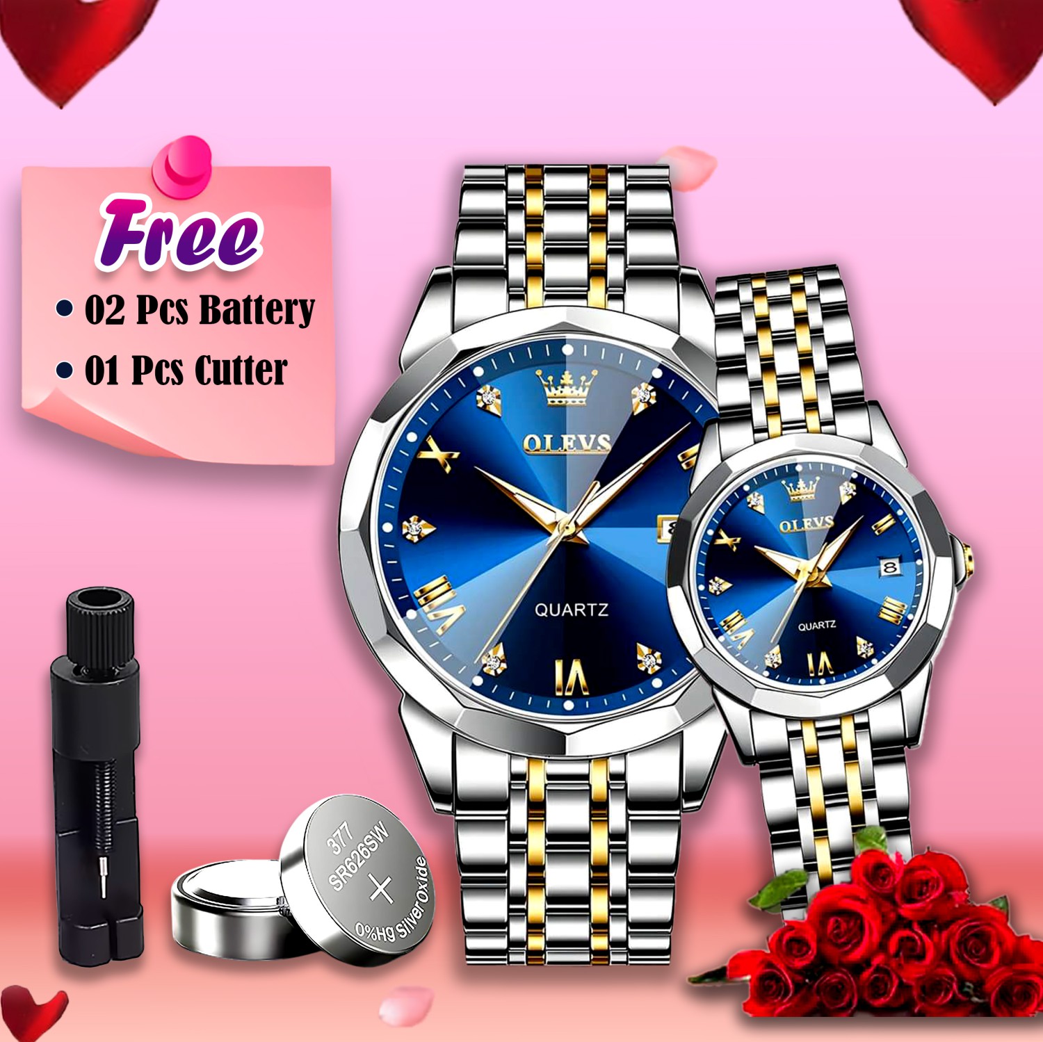 Butter Fly Lock Olievs Stainless Steel fashionable Couple watches +1pcs chain cutter+ 2 pcs battery (Silver Blue)