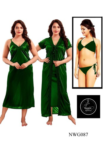 Women 4 Part Long Solid Night Dress Nighty Set 4 Piece