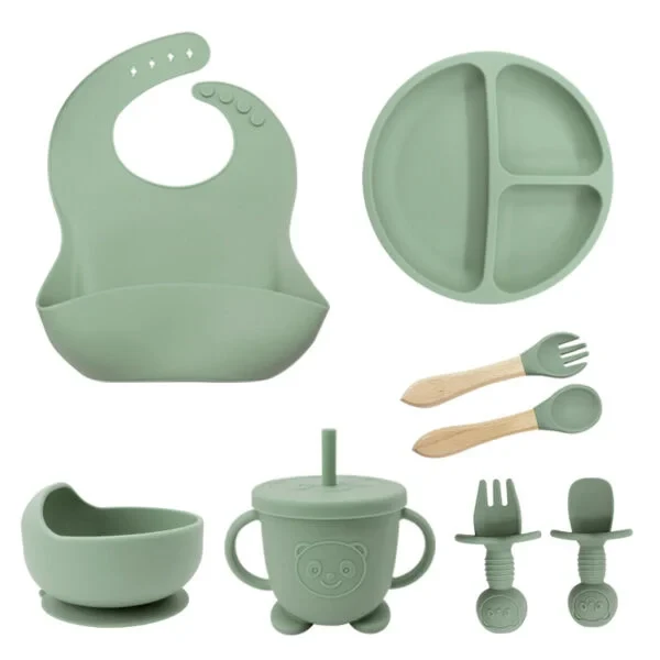 Baby Feeding Set 8 Pieces Set Silicone Plate Board, Cup, Spoon, Bib – For Safe & Comfortable Feeding Gift Set
