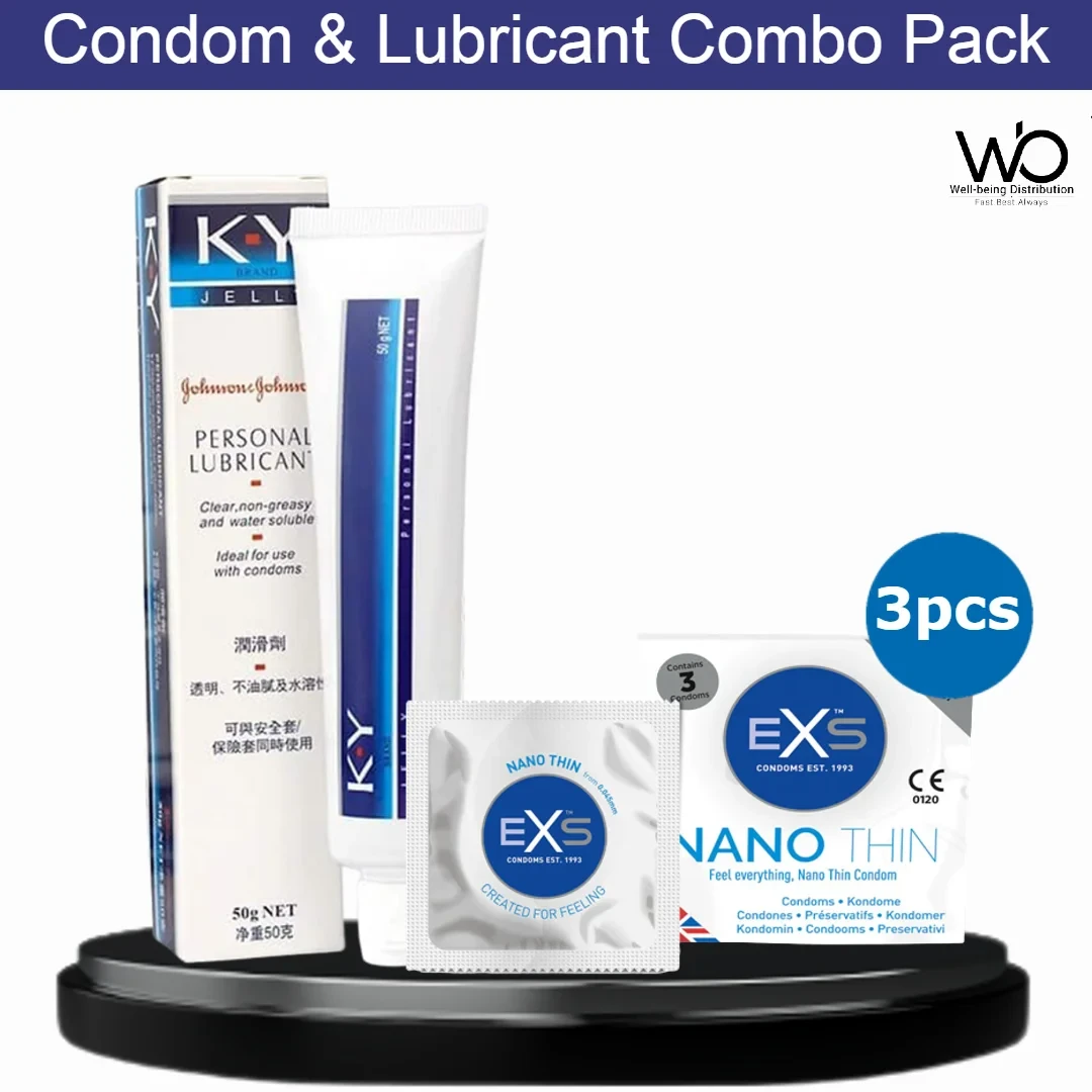 Condom & Lubricant Combo Pack – EXS Nano Thin Condom Single Pack & J&J KY Jelly Personal Lubricant 50gm Pack
