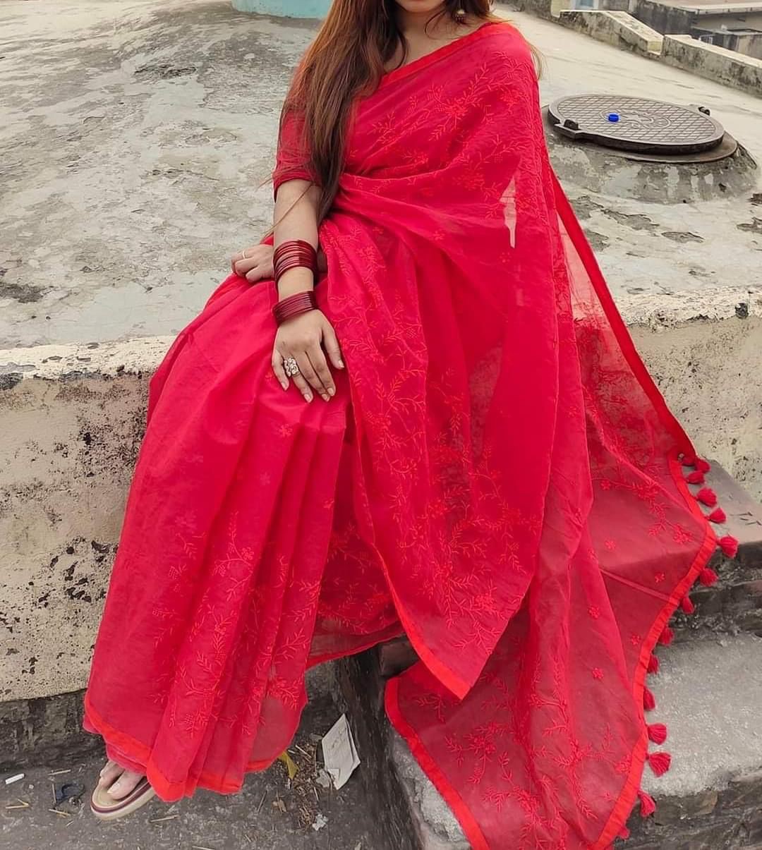 Embroidery work on half-silk sarees