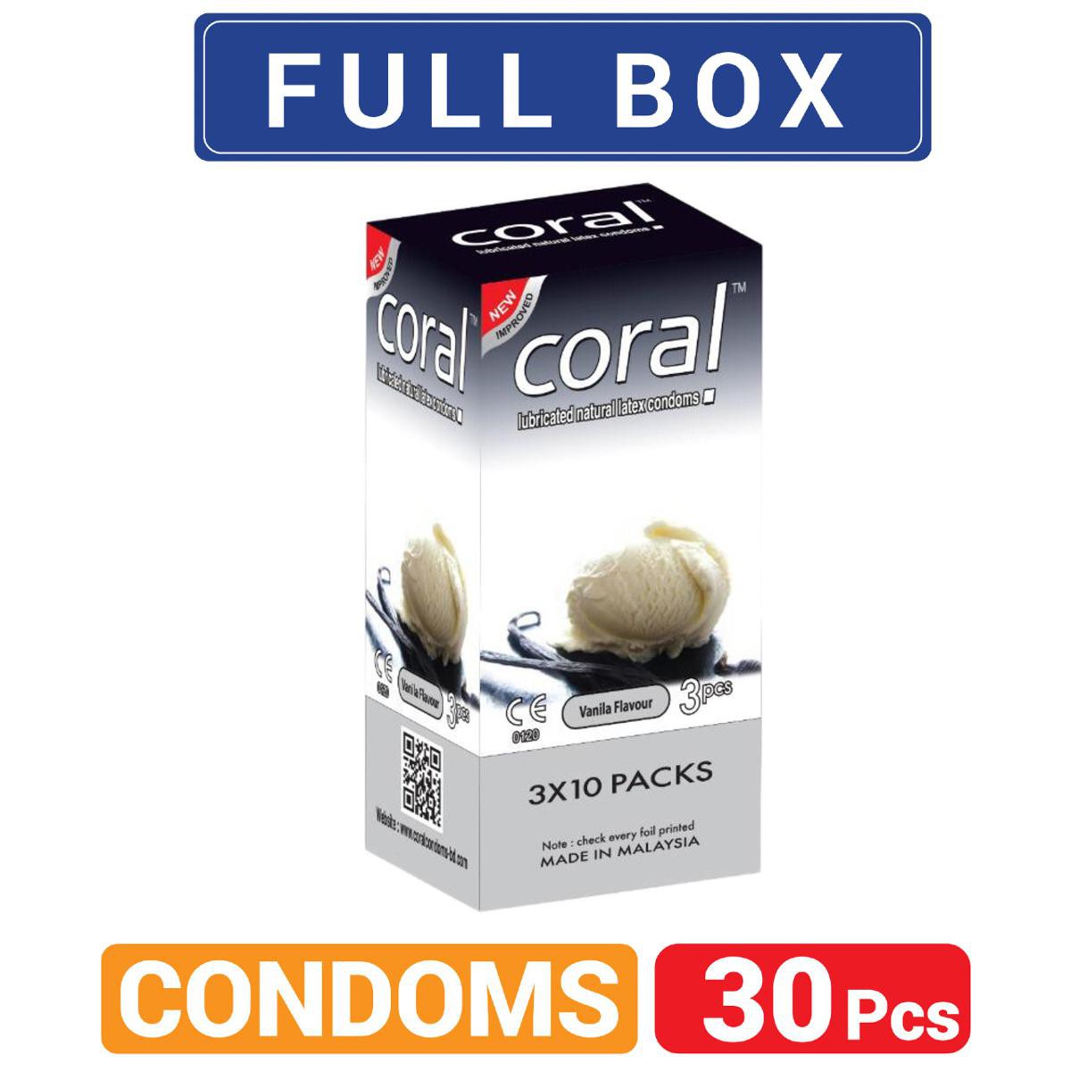 Coral Vanilla Flavors Lubricated Natural Latex Condom for Men | Full Box 3×10=30pcs Condom | Malaysia