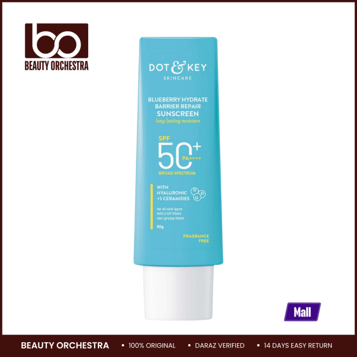 Dot & Key Blueberry Hydrate Barrier Repair Sunscreen 80gm SPF50+ PA++++ | For Dry & Sensitive Skin | Non - Greasy Finish | No White Cast | UV & Blue Light Protection | Broad Spectrum