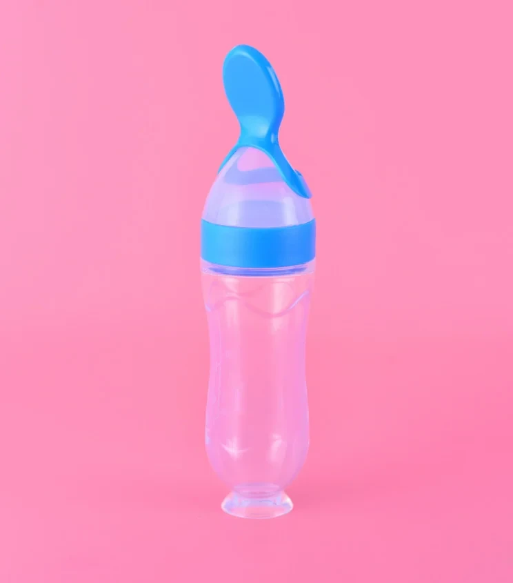 1pcs Multicolor 90ml Hard Spoon Feeder with Stand Normal Silicone Baby Food Dispensing Feeder with Spoon Travel Baby Training Bottle with Spoon Soft Head Baby Feeding Tools Kids