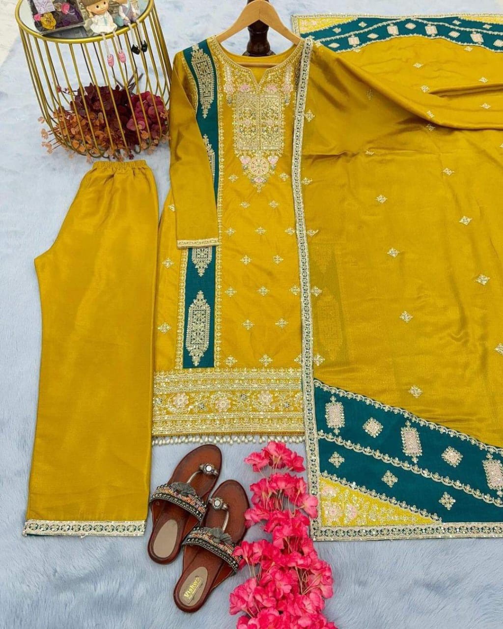 Indian moslin silk jorjet ambrodari work 3 pis