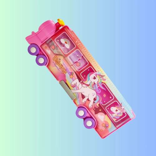 Toyshine Double Compartment Bus Pencil Box With Moving Tyres, Button Enabled Storage and Sharper For Kids