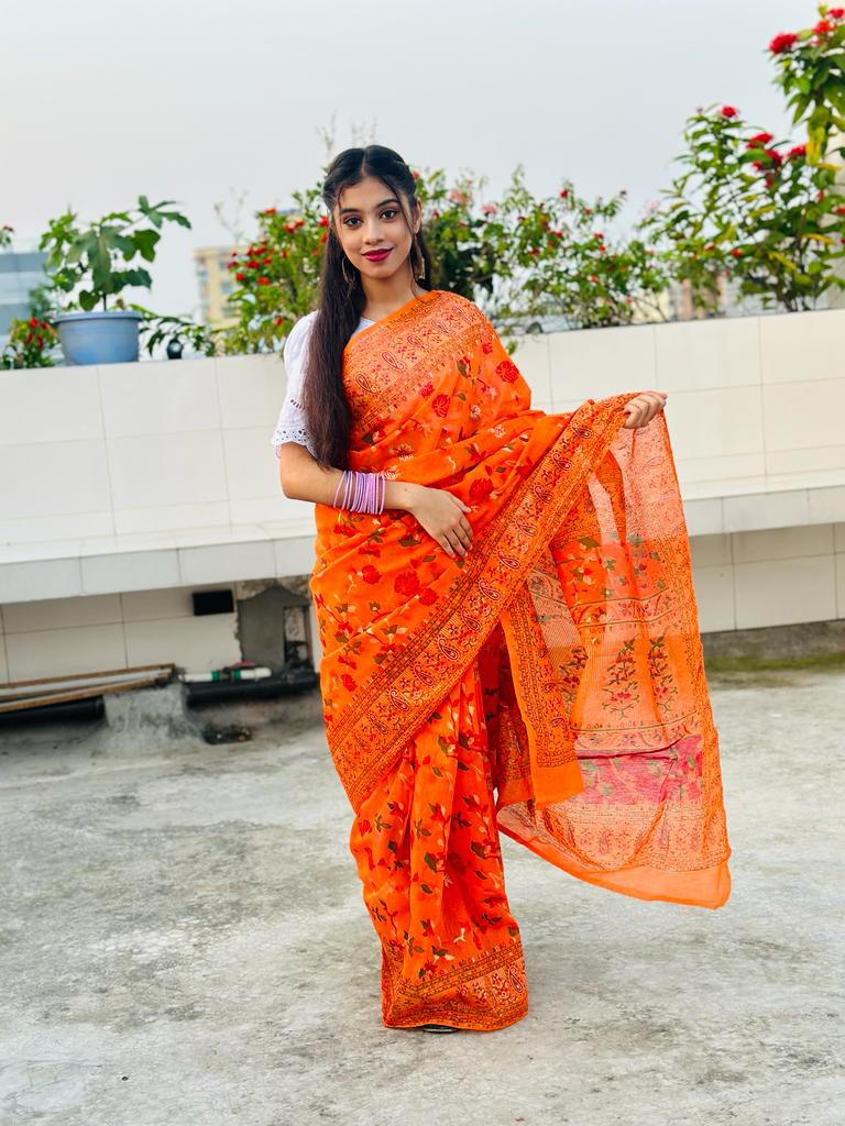 Orange Half Silk Screen Print Saree