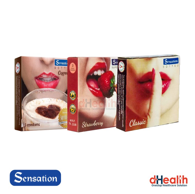 Sensation Mix - 3x3=9pcs-1 Pack Dotted Coffee Condom, 1 Pack Dotted Classic Condom & 1 Pack Super Dotted Strawberry Condom