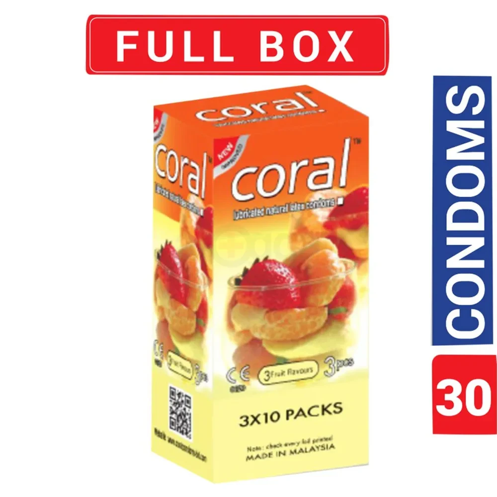 Coral Condom for Men 3 Fruits Flavors Lubricated Natural Latex | Full Box 3x10=30pcs | Malaysia