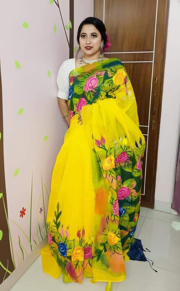 Yellow color Handprint embroidery work on half-silk sarees
