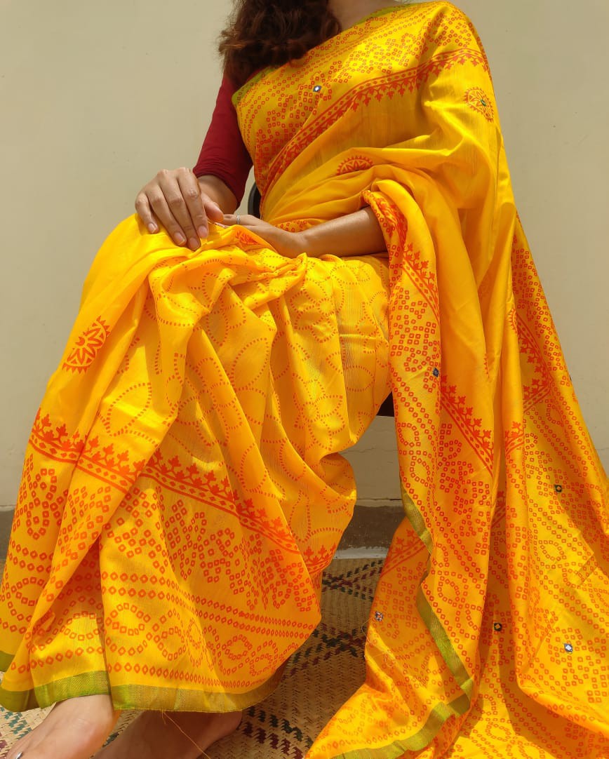 Silk Chunri Block Print Saree For Women