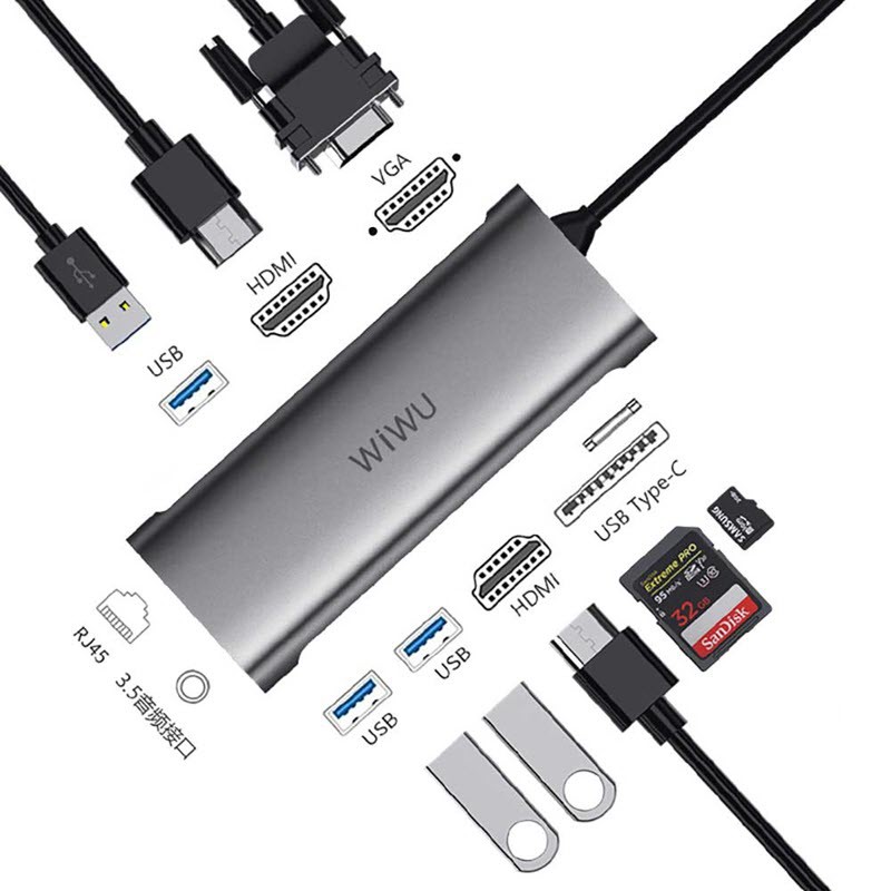 WIWU Alpha A11312H 11-in-1 USB Hub Type-C VGA RJ45 Dual HDMI Port