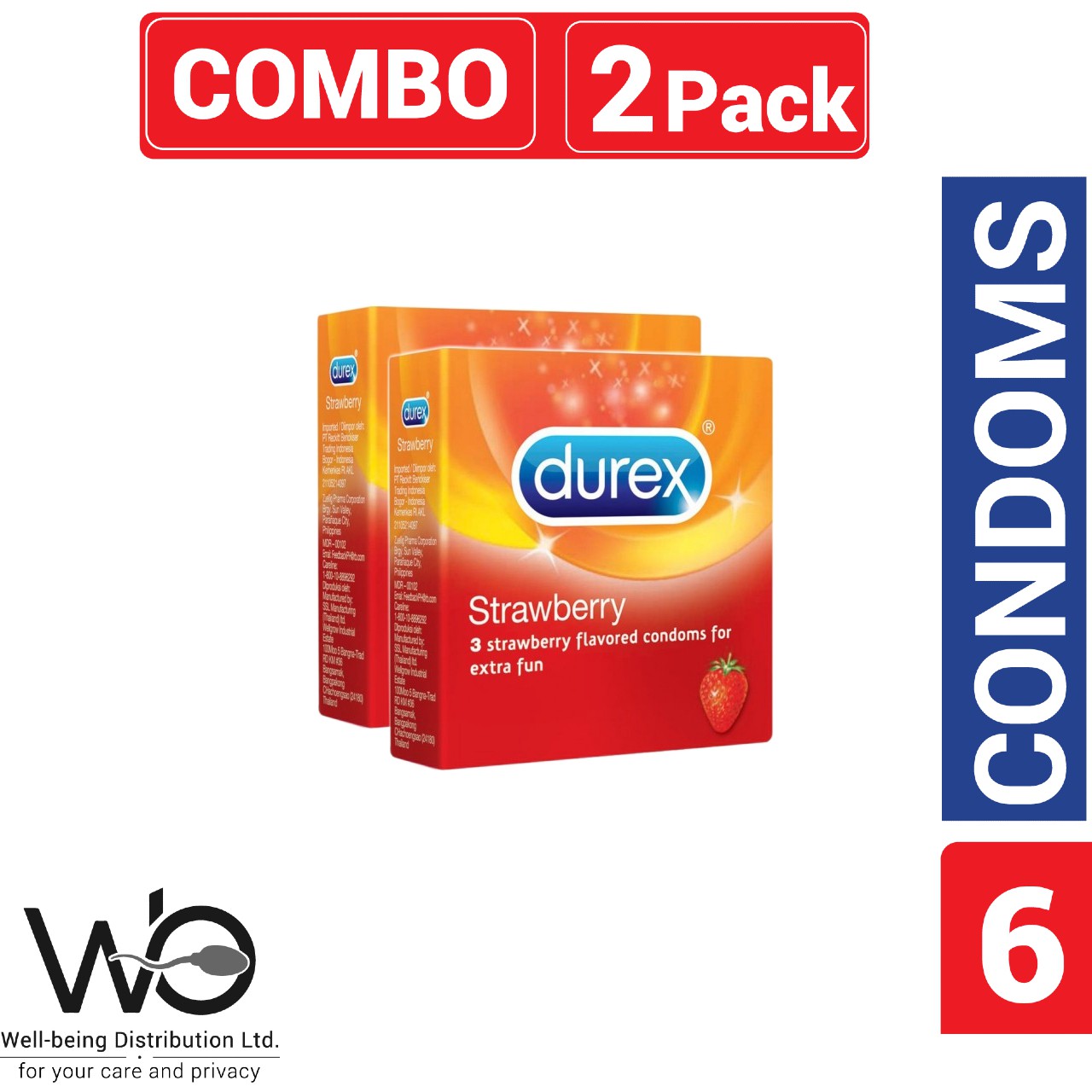 Durex - Strawberry Condom - Combo Pack - 2 Packs - 3x2=6pcs