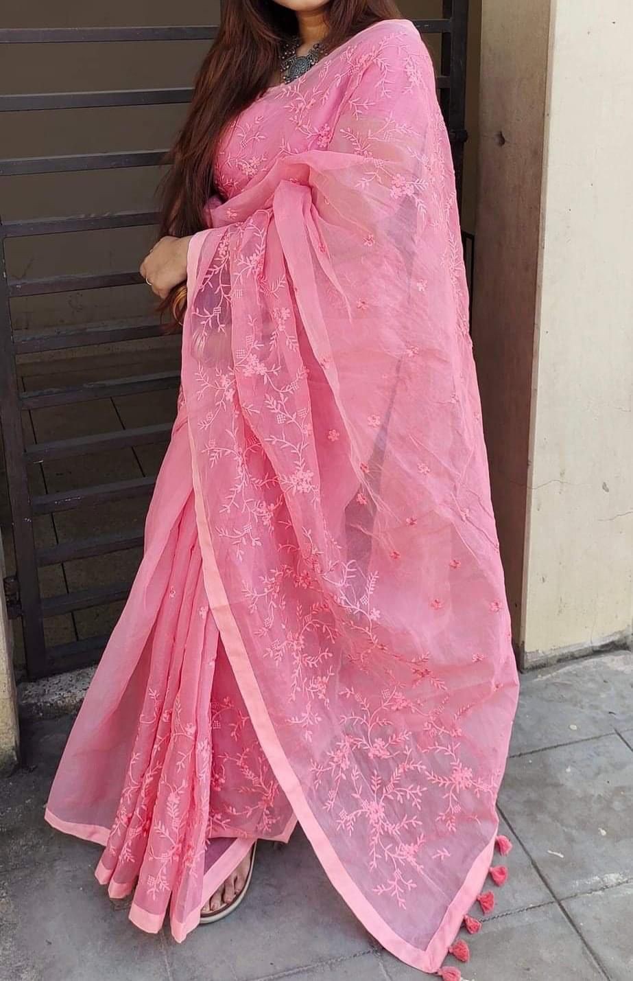 Embroidery work on half-silk sarees