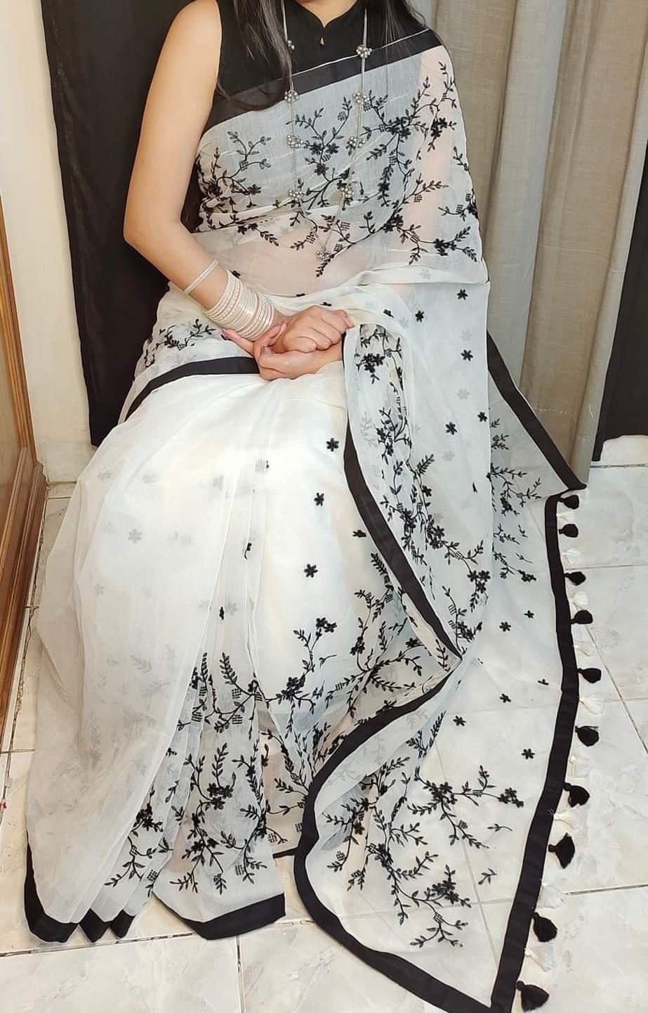 Embroidery work on half-silk sarees