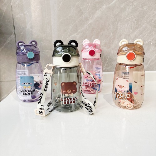 Generic Water Bottle with Bear Design, 650ml, Beige, Mouse Ear Lid