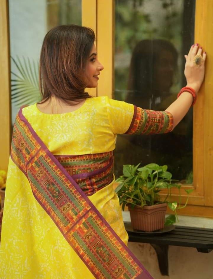 Yellow  Half Silk Skin Print Saree