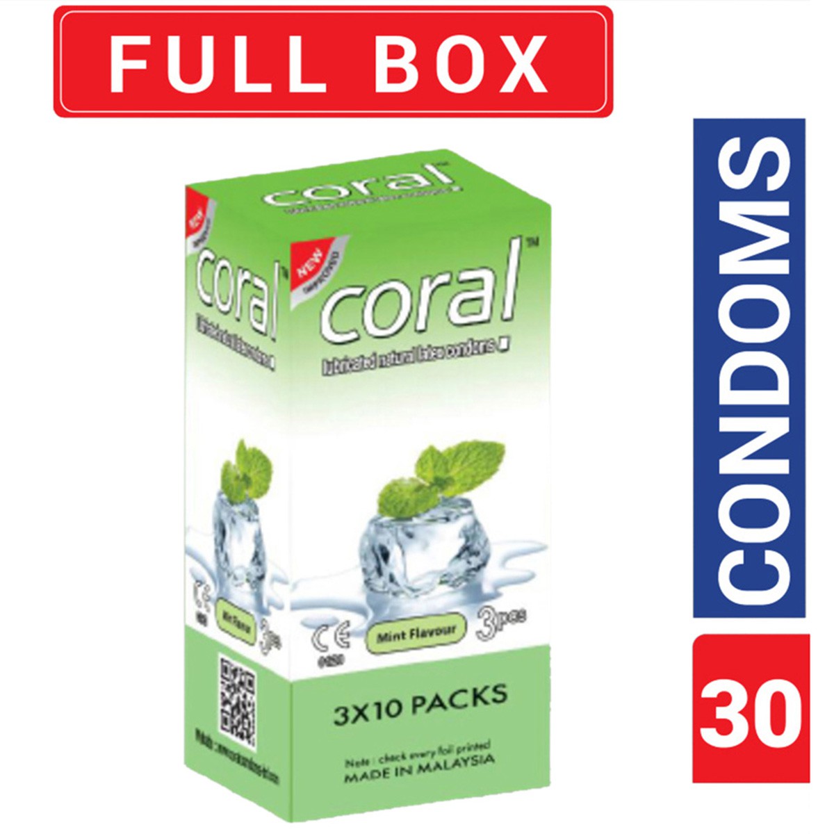 Coral Mint Flavors Lubricated Natural Latex Condom | Full Box – 30pcs | Malaysia