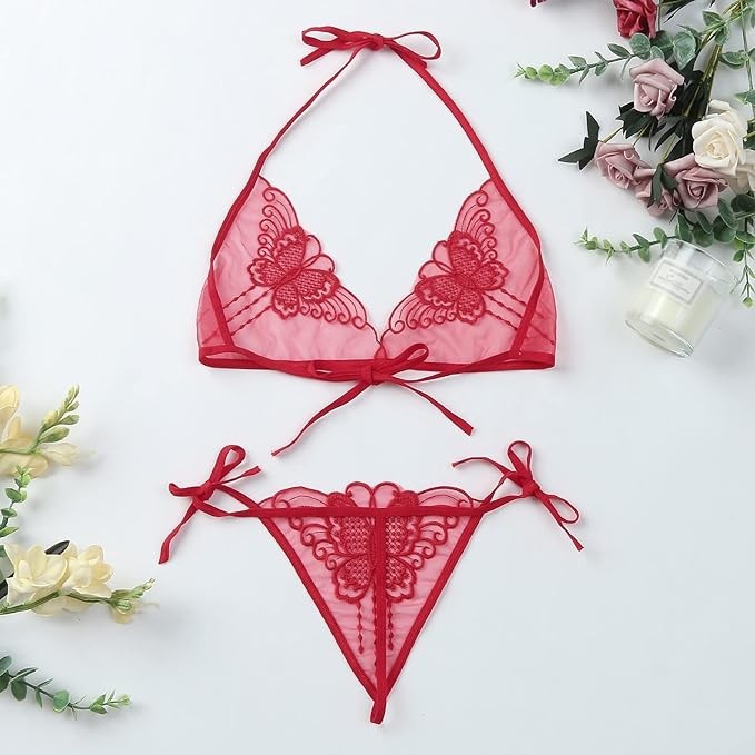 Sexy Floral Embroidered Butterfly Lace Halter Bra & Panty