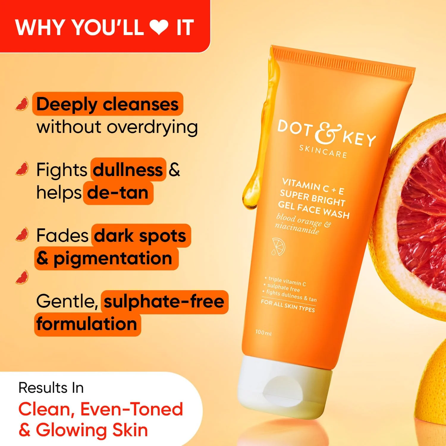 DOT & KEY Vitamin C + E Super Bright Gel Face Wash 100ml For Glowing And Brightening Skin | All Skin Types| With Triple Vitamin C| Face Wash For Women & Men| India