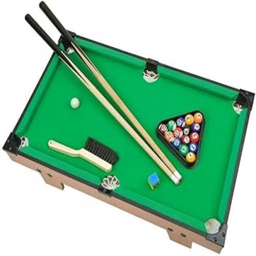 Pool Table - Table Top- Pool Table, 15 Colored Balls, 1 Cue Ball, 2 Pool Sticks, 1 Cube Of Chalk and Triangle, with small Stand