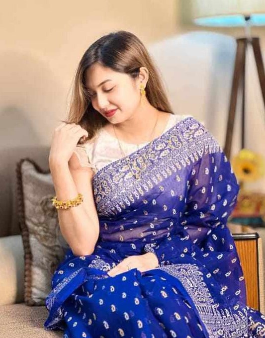 Blue Half Silk Screen Print Saree