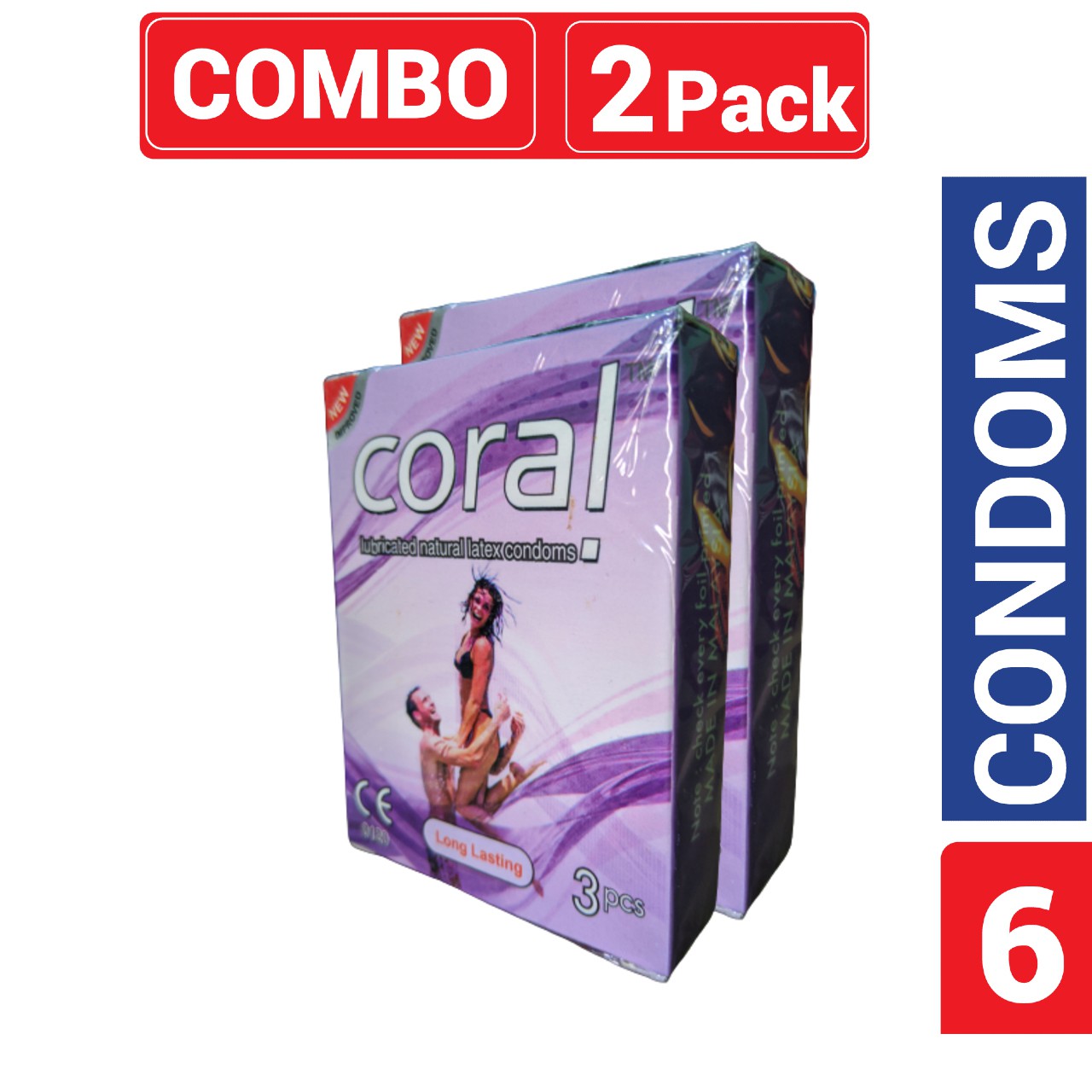 Coral Long Lasting Lubricated Natural Latex Condom for Men | Combo Pack – 2 Packs 6pcs | Malaysia