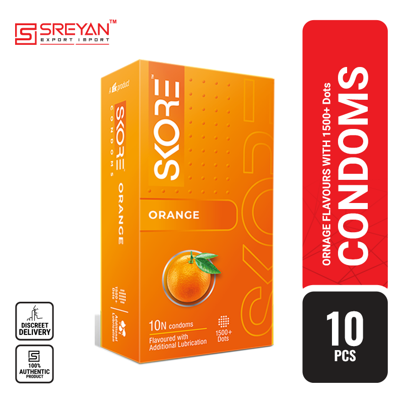 Skore Orange Flavored 1500+ Dots Condoms for Men With Extra Lubrication | 10pcs Pack | India