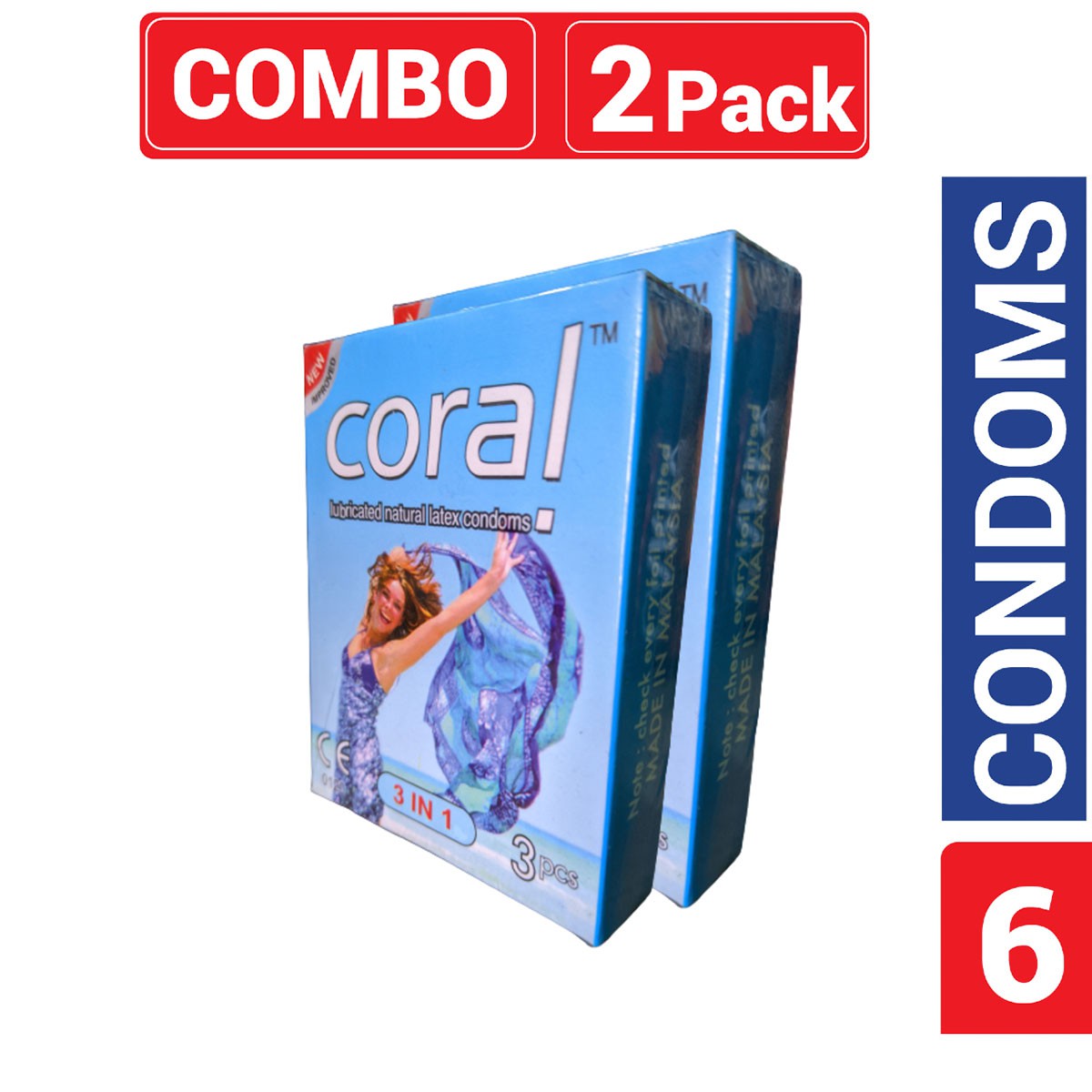 Coral 3 in 1 Lubricated Natural Latex Condom for Men | Combo Pack – 2 Packs – 3×2=6pcs | Malaysia