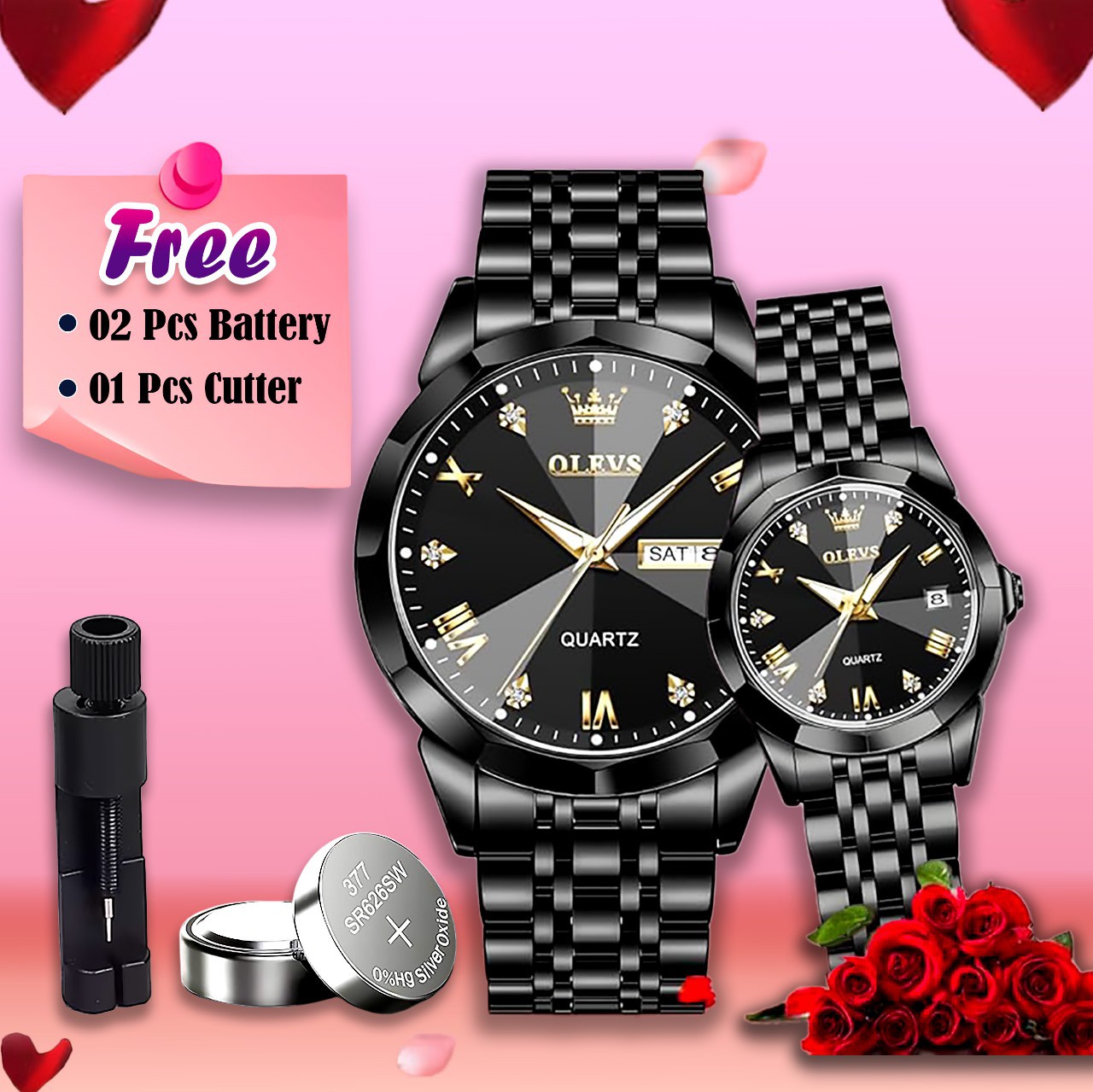 Olevs Stainless Steel fashionable Couple watches Full Black