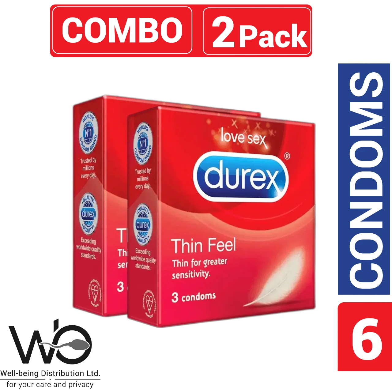 Durex – Thin Feel Condom For Men | Combo Pack | 2 Packs – 3×2=6pcs