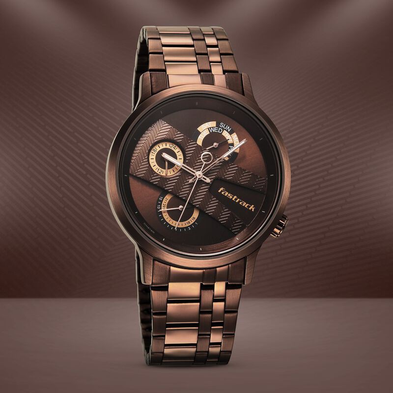 Fastrack NS3301QM01 Exuberant Quartz Multifunction Brown Dial Stainless Steel Strap Watch