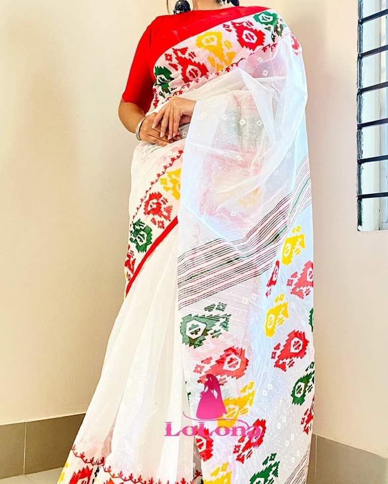 New Stylish White Half Silk Skin Print Saree