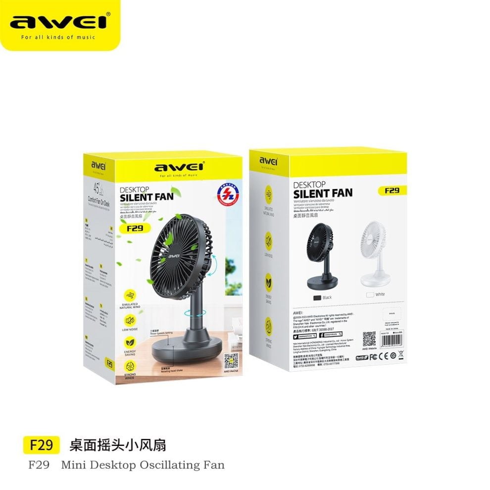 Awei F29 mini Desktop Oscillating Rechargeable fan- Black Color