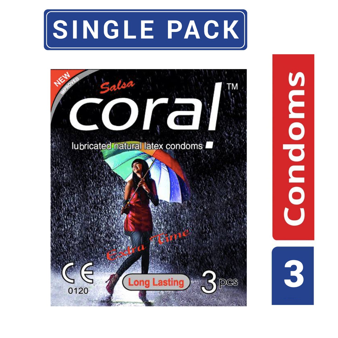 Coral- Long lasting extra time Lubricated Natural Latex Condom-Single Pack-3x1 - 3 Piece