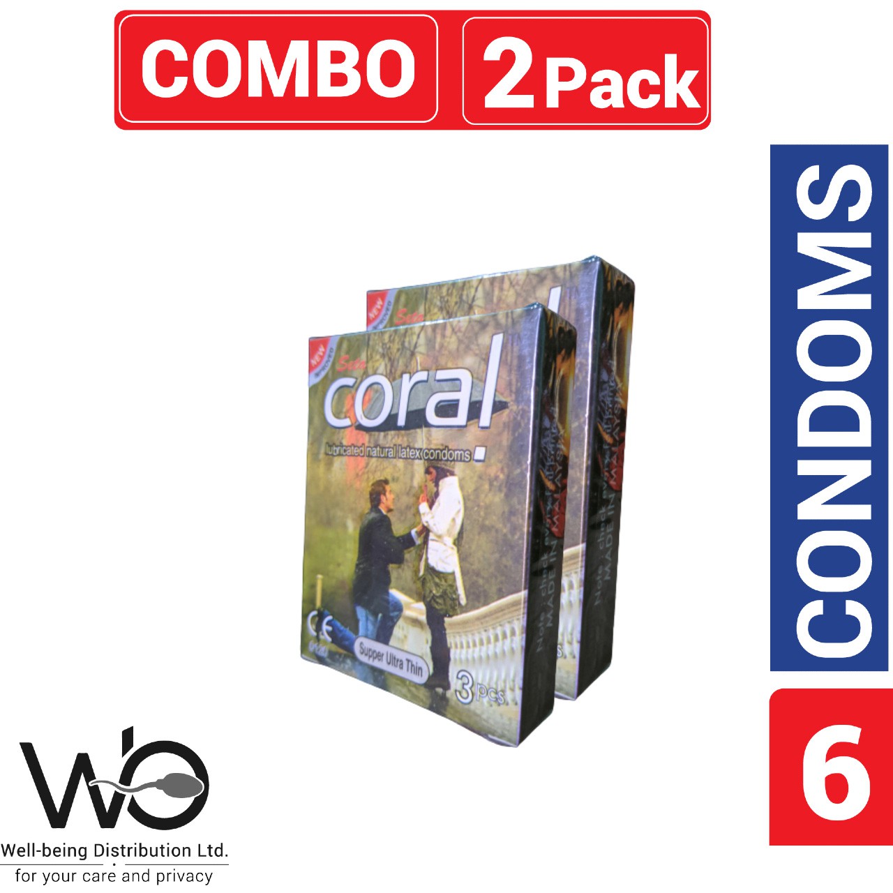 Coral Super Ultra Thin Lubricated Natural Latex Condom Combo Pack 2 Packs 3×2 = 6pcs