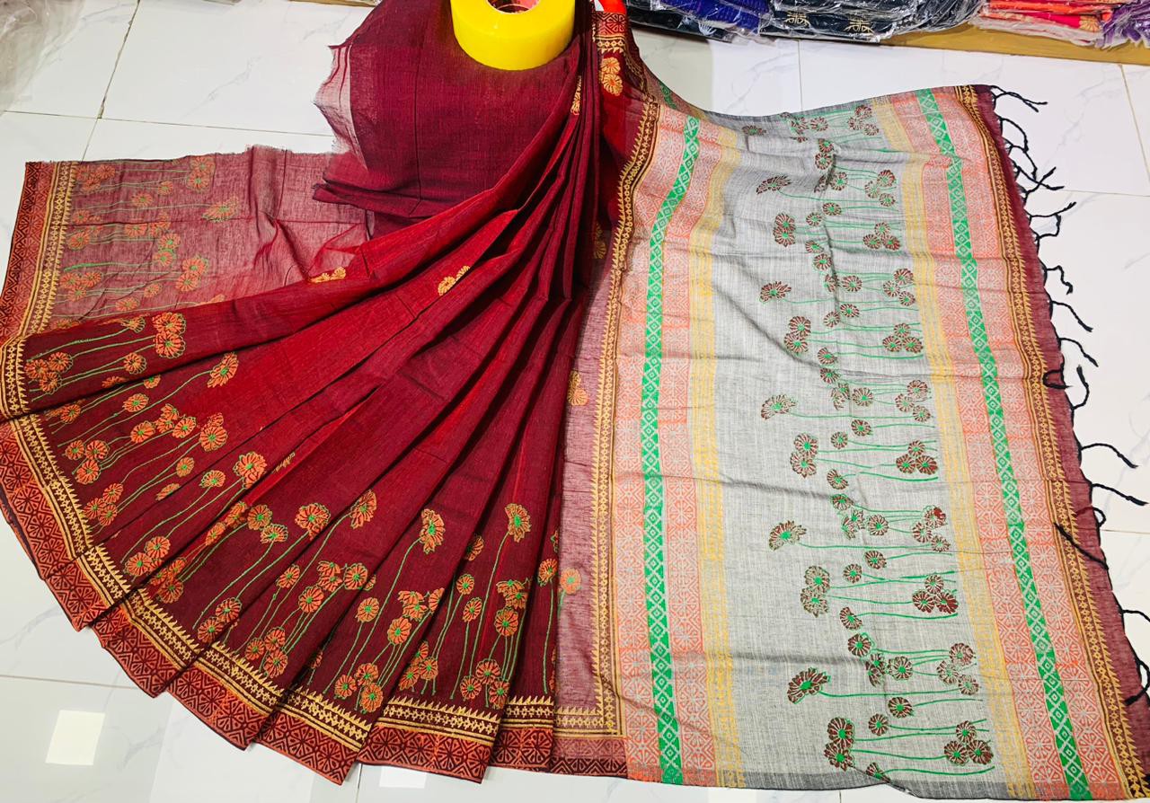 Cotton block print saree