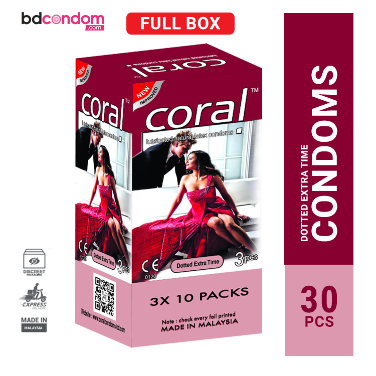 Coral Dotted Extra Time Lubricated Natural Latex Condoms Full Pack | 30 Pcs