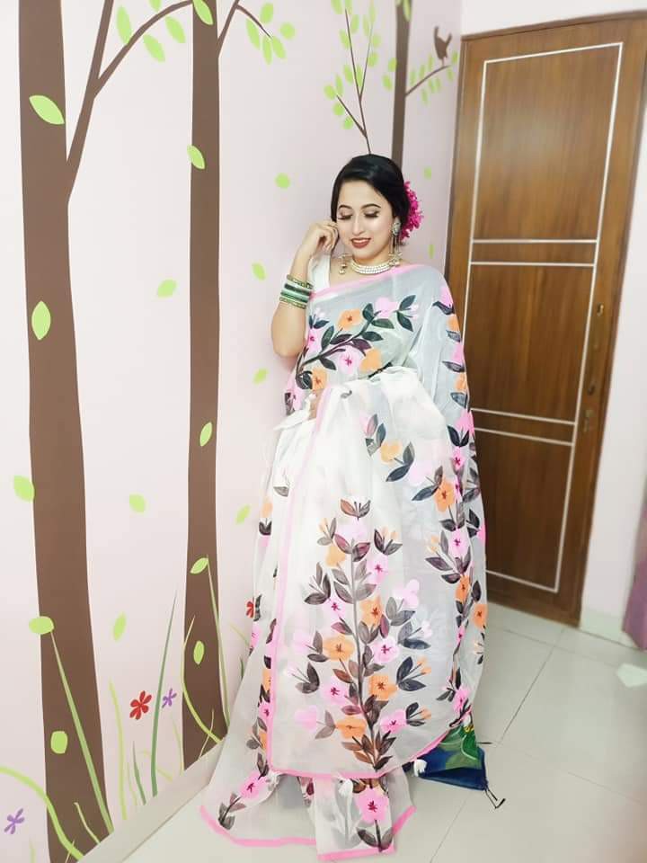 White Color Handprint embroidery work on half-silk sarees