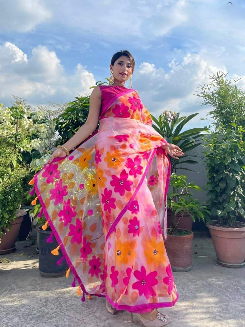 Hand Print Half Silk Saree For Women