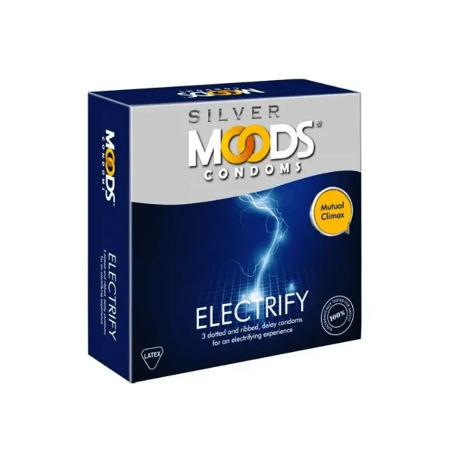 Moods Silver Electrify Dotted Ribbed Delay Condom for Men | Single 3pcs Pack | Euphoria, Trance, Strawberry, Chocolate, Grape, Bubblegum Flavor Condom