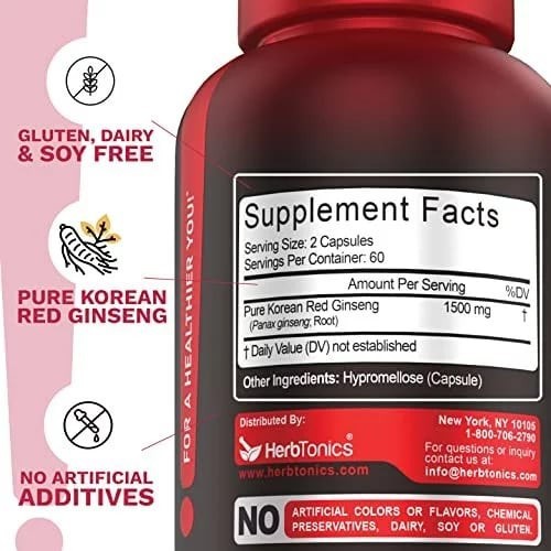 Herbtonics Korean Red Panax Ginseng 1500mg 60 Capsules