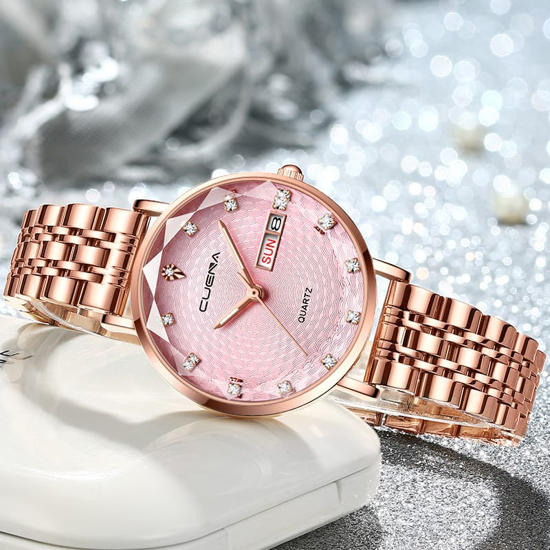 CUENA 6002 Luxury Date Rhinestone Bracelet Ladies Watch-Rose Gold