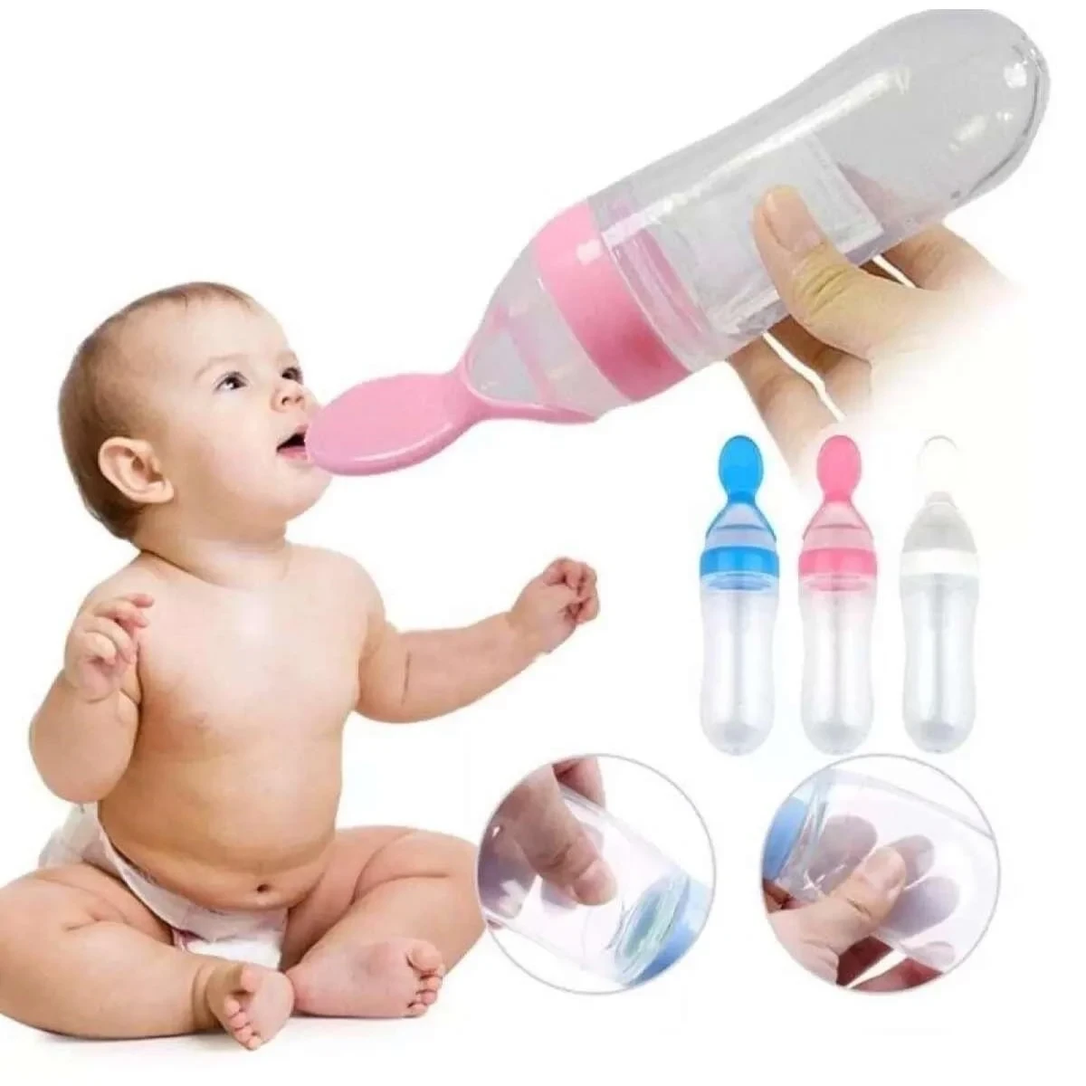 Baby Smile Rice Powder Feeder 90ml Silicone Bottle with Plastic Spoon Feeder