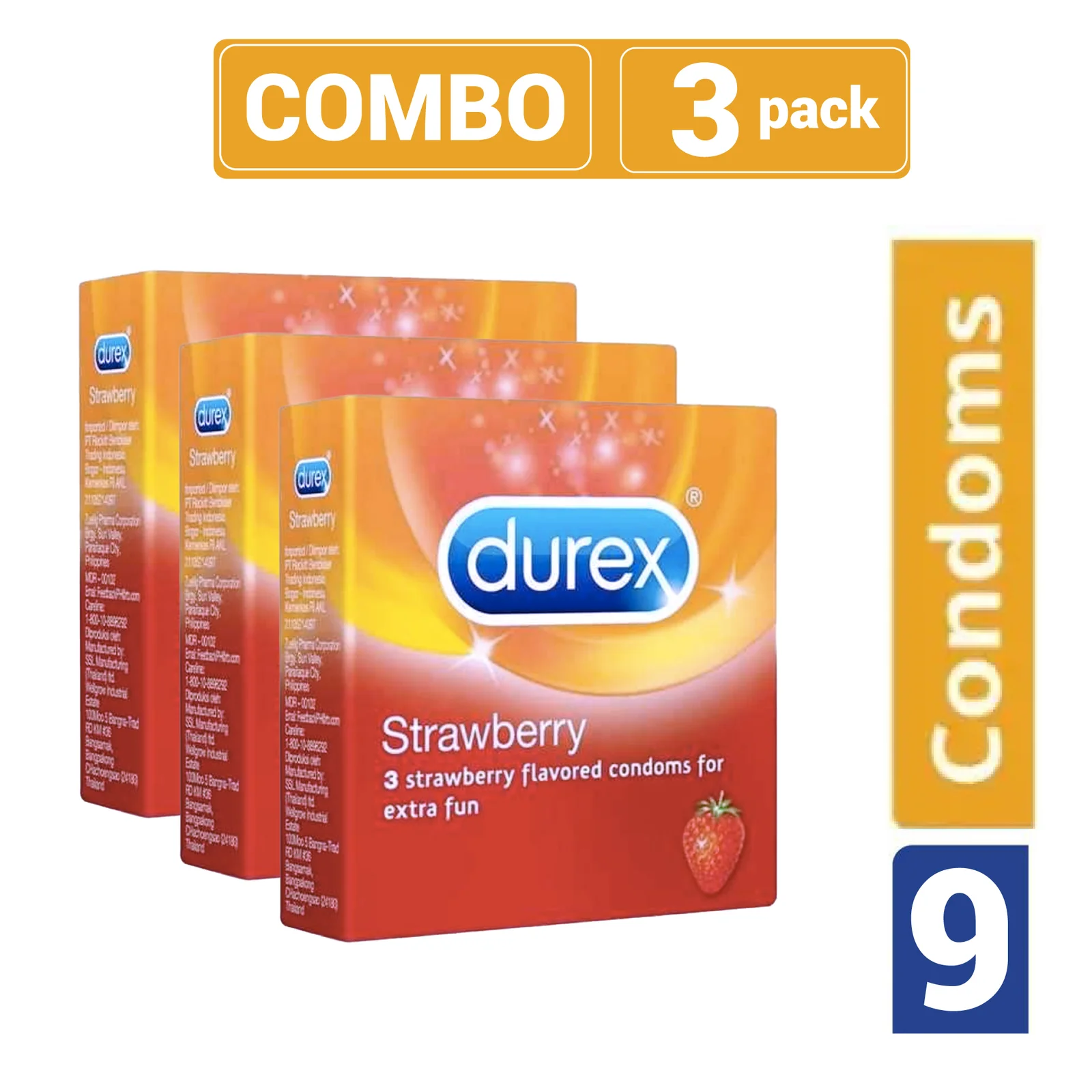 Durex – Strawberry Condom For Men- Combo Pack – 3 Packs – 3×3=9pcs