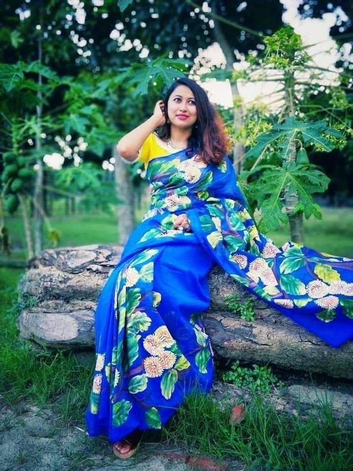 Buy Hand Print Half Silk Saree