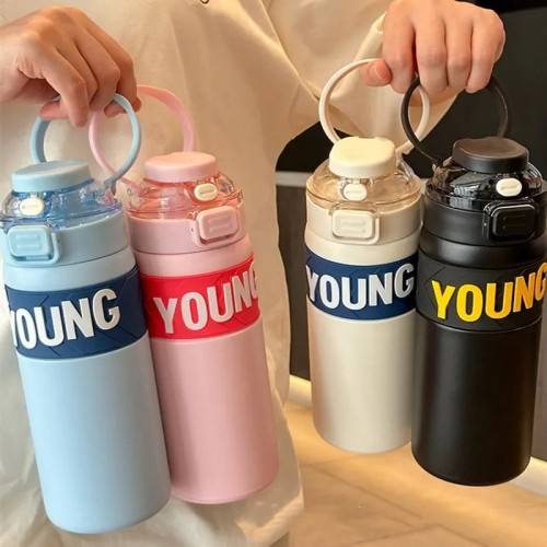 650ml Fashion Stainless Steel Sport Thermal Flask With Straw Leak-Proof Thermal Bottle With Handle Tumbler