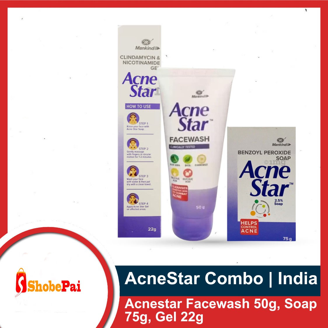 AcneStar Combo Pack | Acnestar Facewash 50gm | Acnestar Gel 22gm | Acnestar Soap 75gm | Made in India